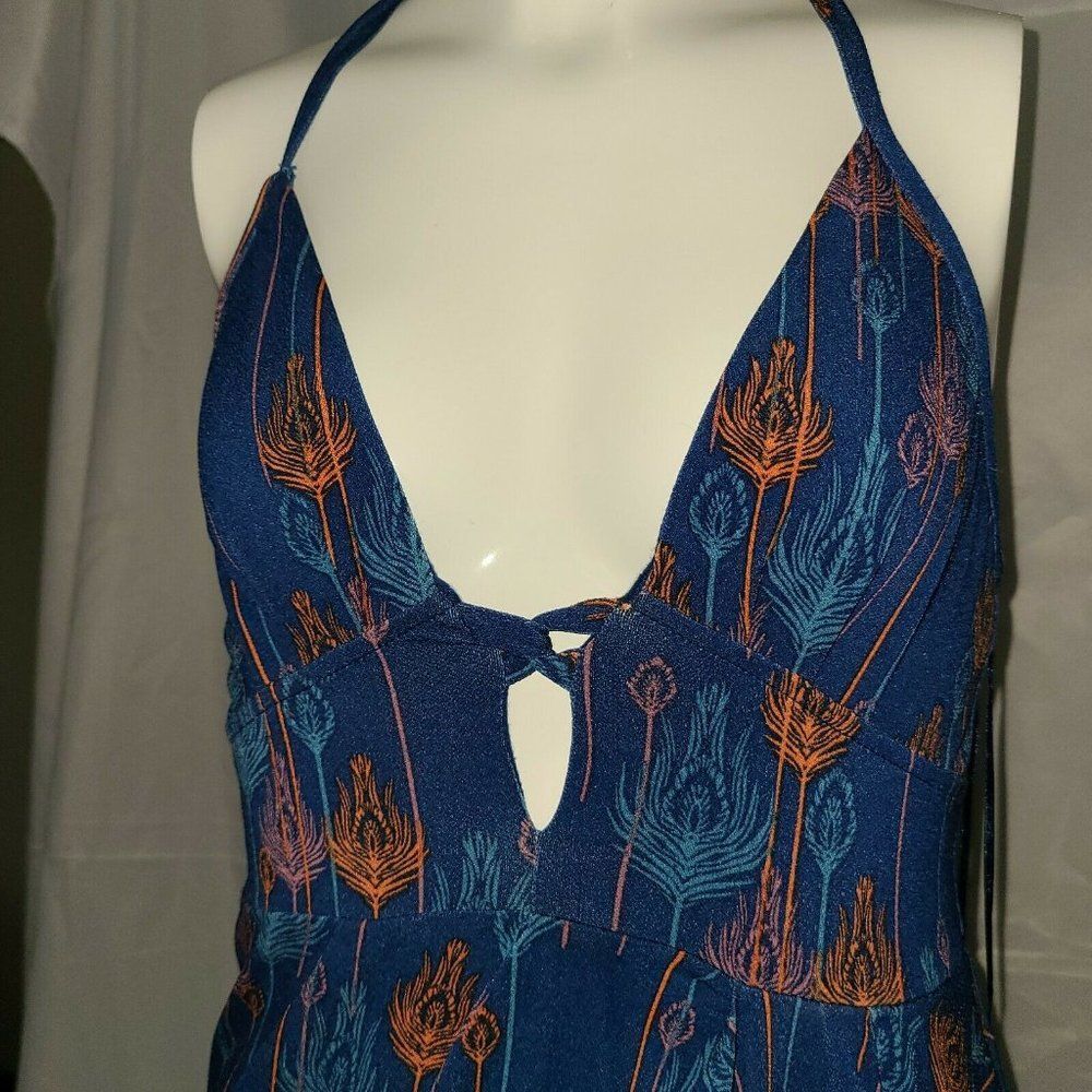 Free People Blue Peacock feather print Lined Halter Dress Boho Extra Small XS - Picture 2 of 11